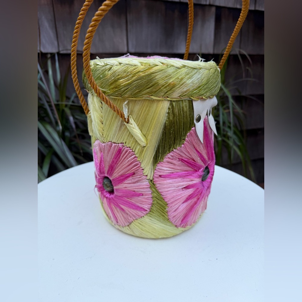 Vintage boho basket tote tall bag floral straw handles pink greens - Picture 6 of 10